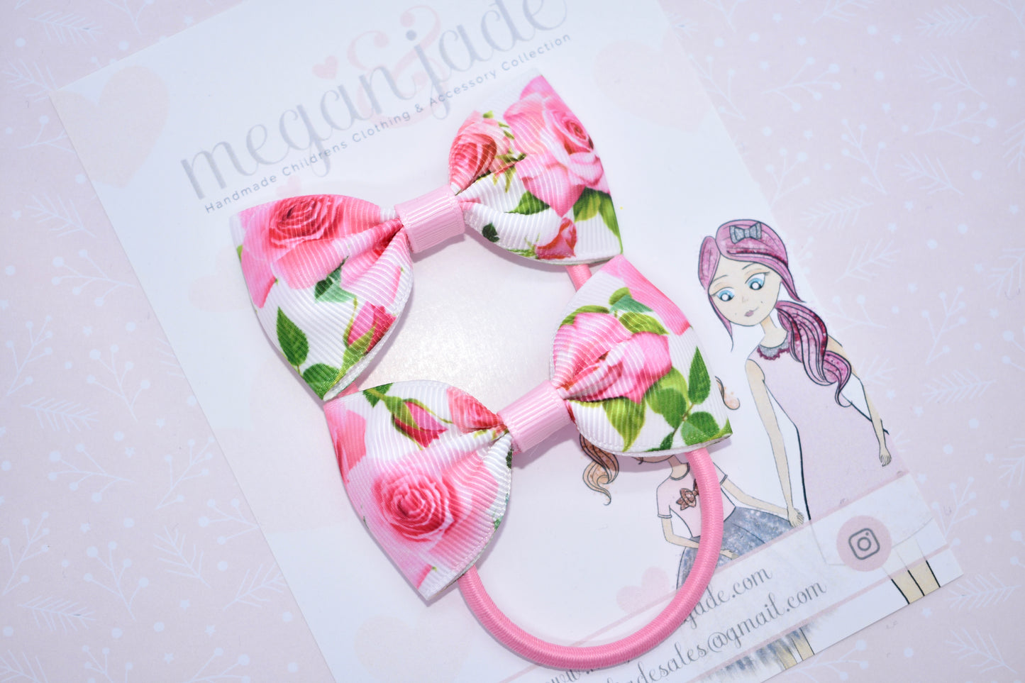 Pink Roses Ribbon Mini Hair Bow Bobbles - Pair