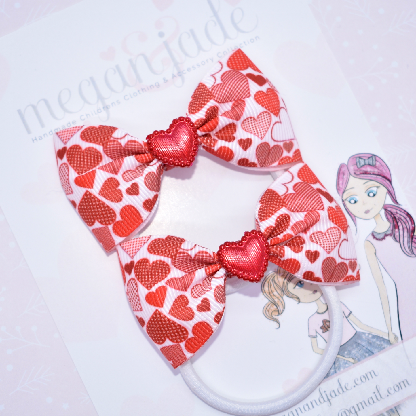 Red Love Hearts Ribbon Mini Hair Bow Bobbles - Pair