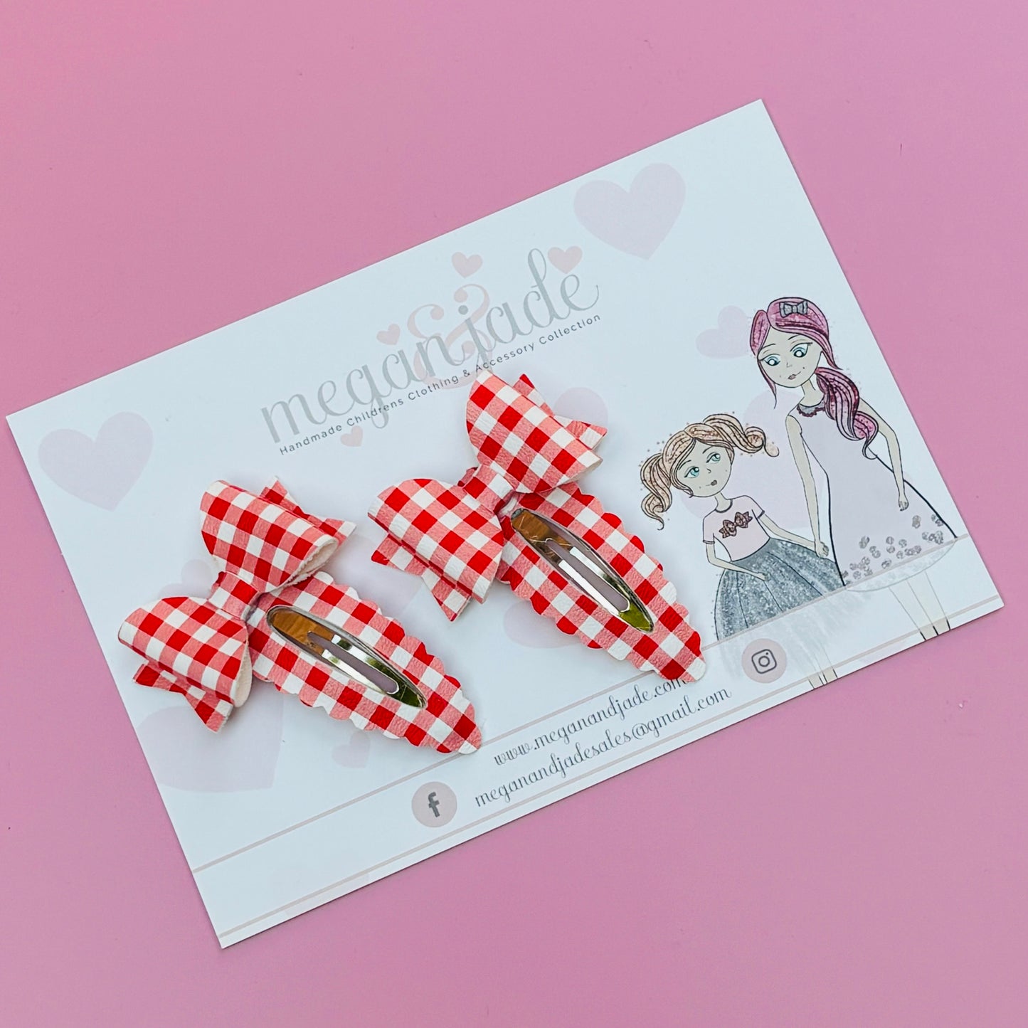 Red & White Gingham Snap Clips - Pair