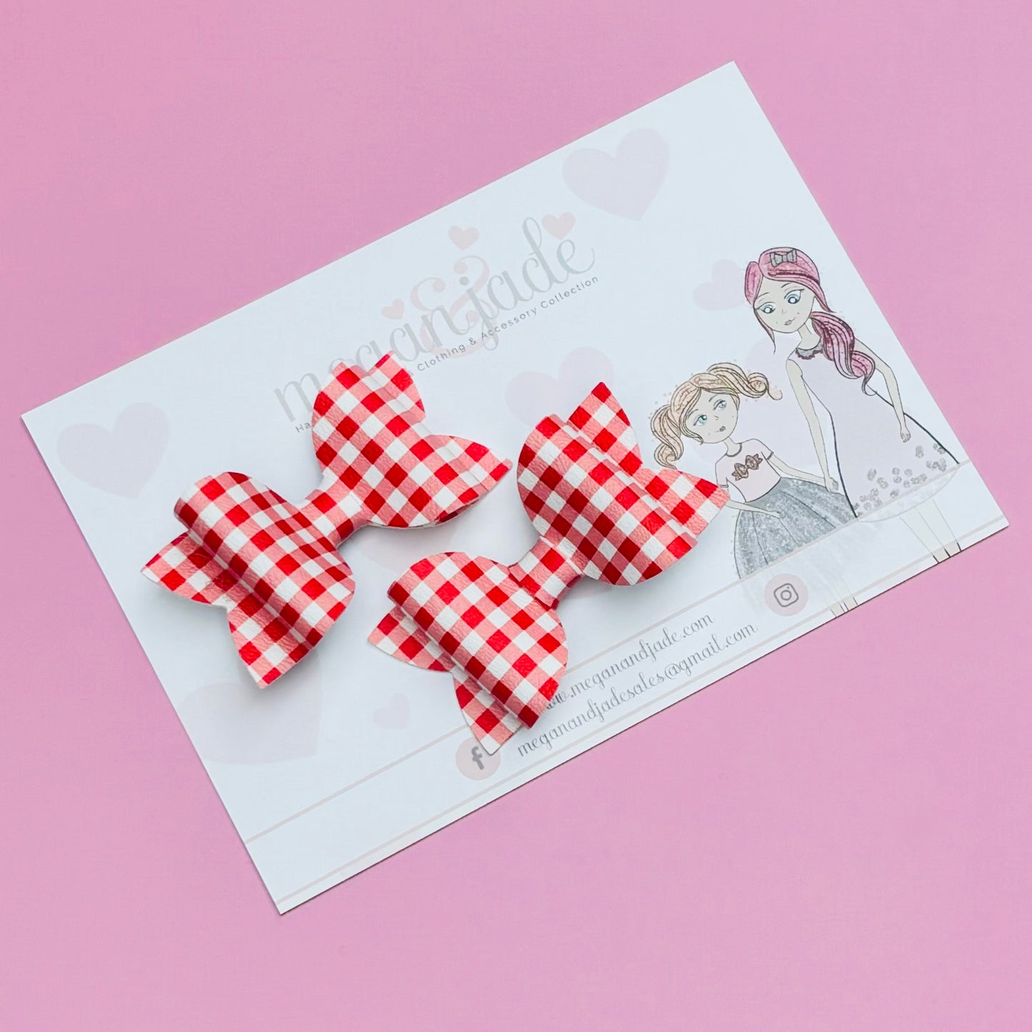 Red & White Gingham Midi Bows - Pair