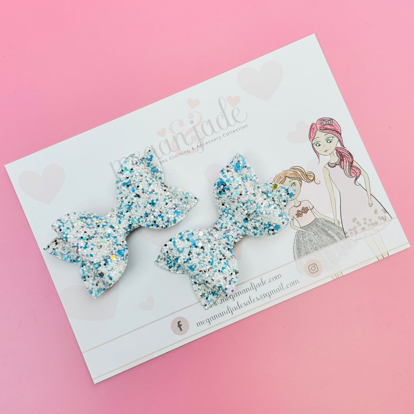 Blue & Silver Frozen Glitter Lily Bow Hair Clips - Pair