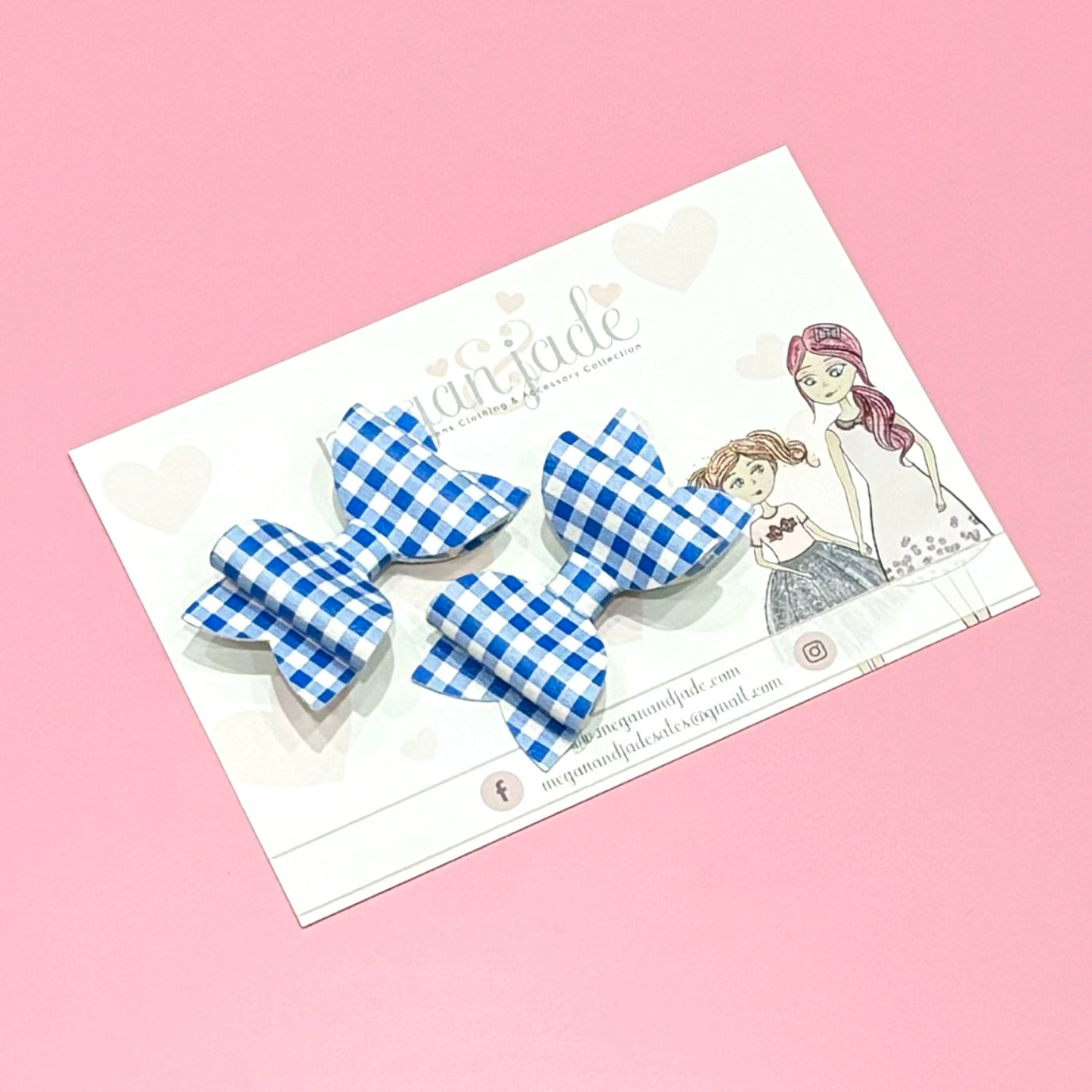 Light Blue & White Gingham Midi Bows - Pair