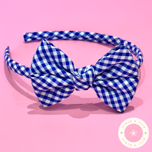 Blue & White Gingham Bow Alice Hair Band